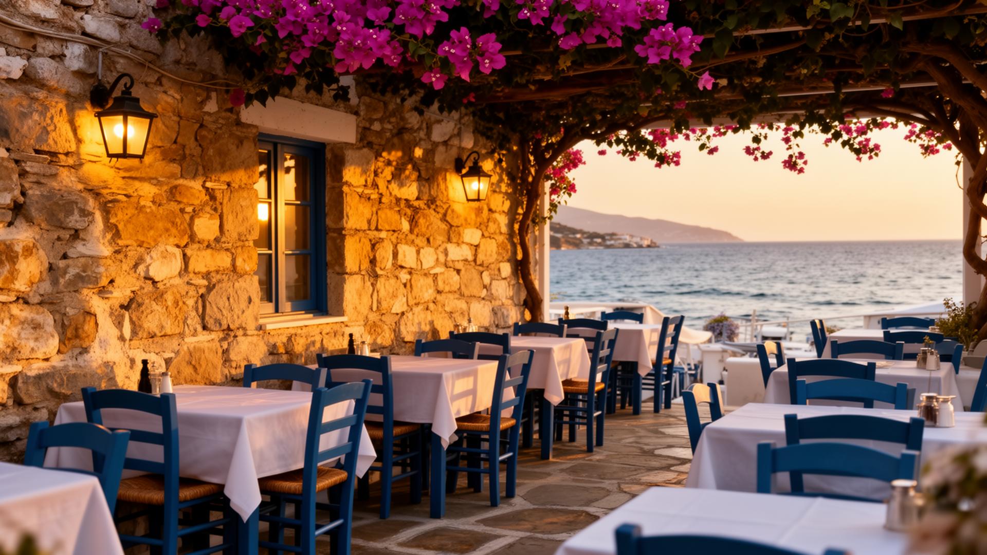 Taverna Harakas terrace with sea view at sunset in Chersonisos, Crete